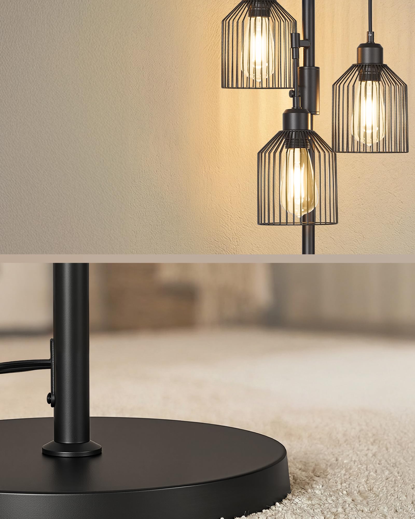 Lampa podłogowa VASAGLE, lampa stojąca, lampa podłogowa z 3 źródłami światła, regulowana jasność, klosz metalowy, 3 gniazda E27, nowoczesna, atramentowa czerń LFL013BD02