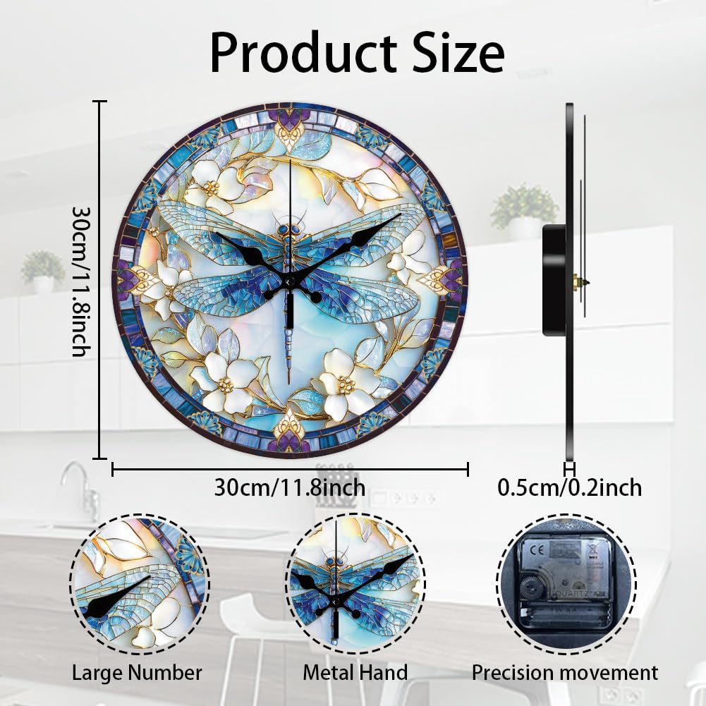 CHGCRAFT 12 Inch Dragonfly Pattern Round Printed Wall Clock Silent Non Ticking - Image 2