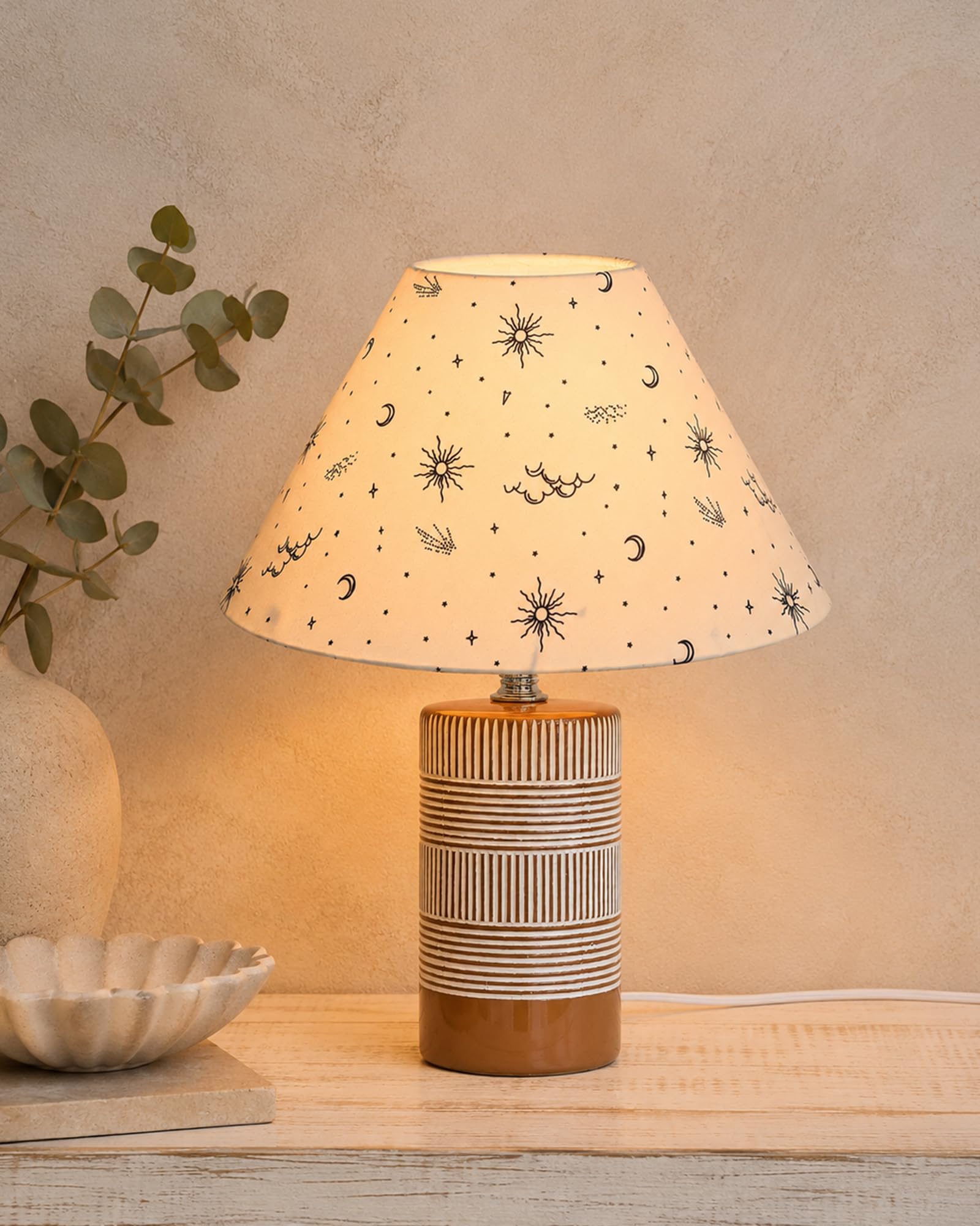 Homesake® Artisan Grey Ribbed Ceramic Table Lamp with Fabric Shade, Decorative Bedside Nightstand Lamp for Bedroom, Living Room, Study & Home Office, Modern E27 Table Light (Printed Moon Shade)-picture-10