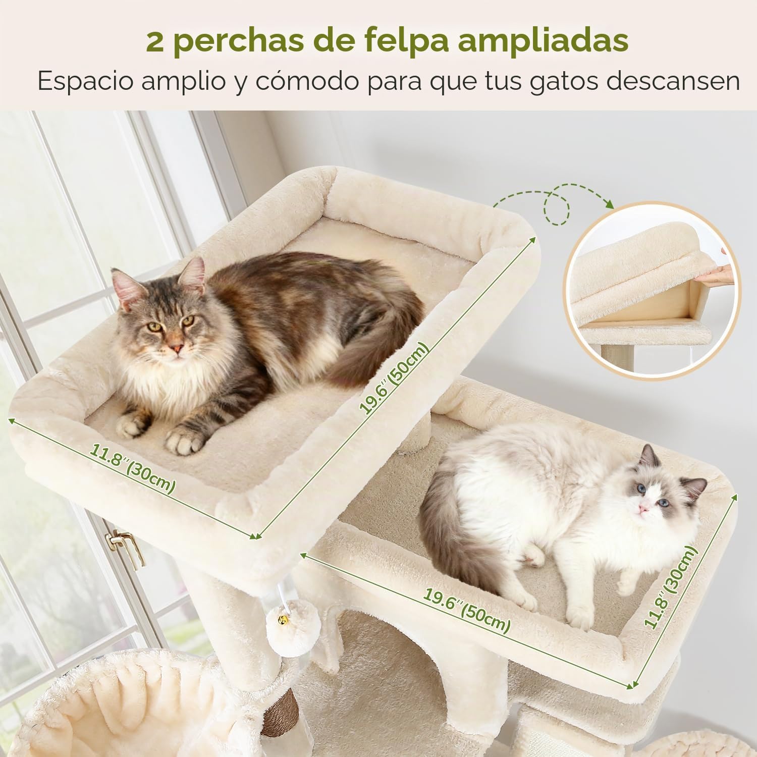 Globlazer Rascador Beige para Gatos Grandes XXL 204 cm con 2 Grande Plataformas Acolchadas 50*30CM, 2 Nidos, 3 Cesta, Tabla Rascar Sisal, Estable Árbol Rascador para Vario Gatos Adultos (S80G, Beige)
