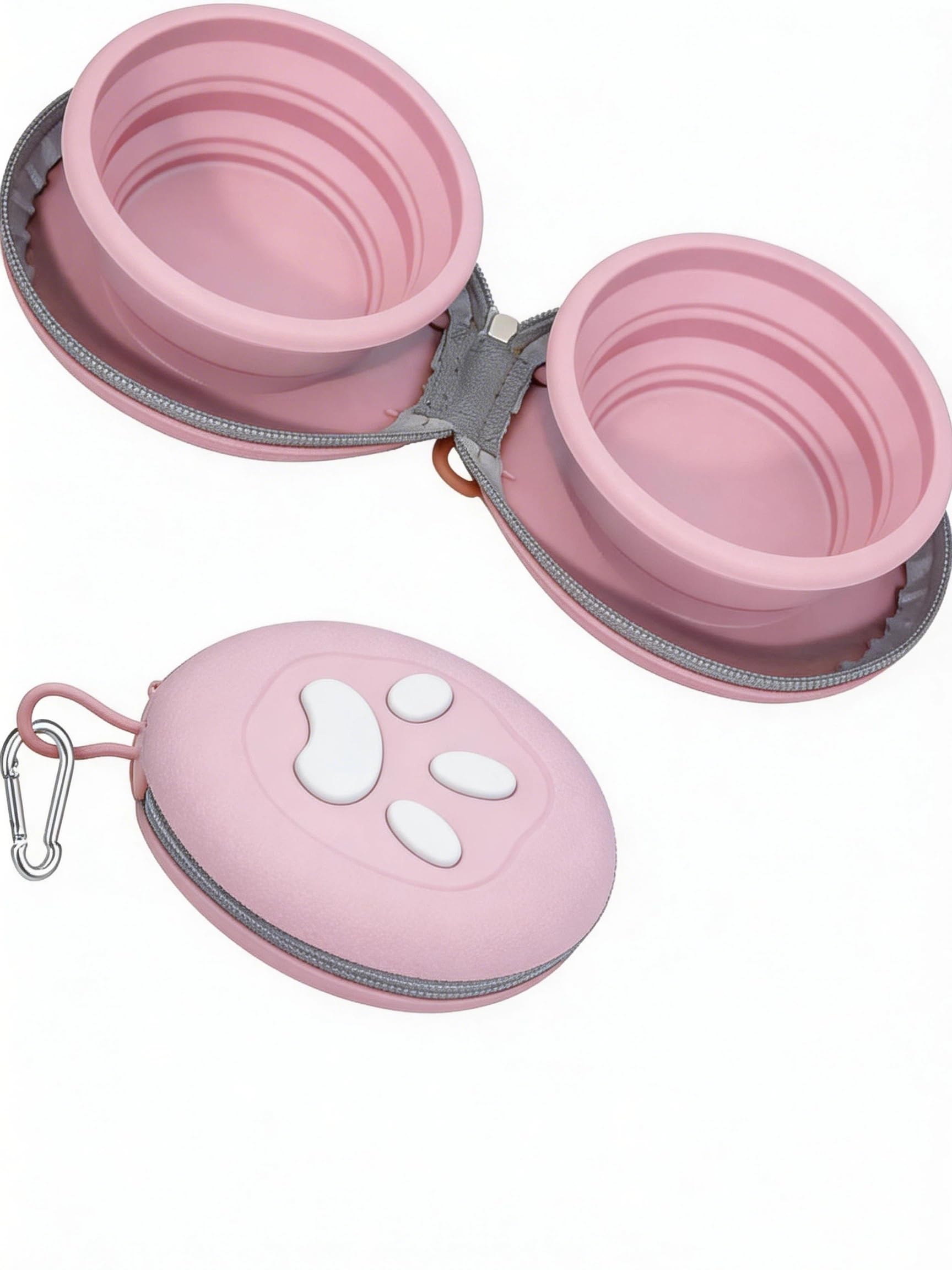 Collapsible Dog Bowls, 2-in-1 Silicone Pet Food and Water Bowl with Carabiner, Portable Double Compartment Dish for Travel, Camping, Hiking Puppy Essentials