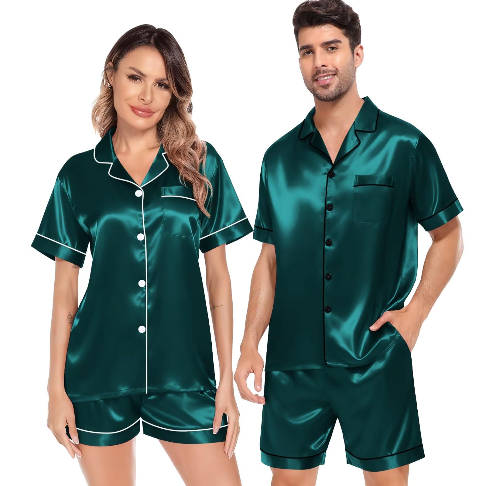 SWOMOG Satin Matching Pajamas Sets Couple Silk Button Down Nightwear Women &amp; Men Short Sleeve Sleepwear 2 Pieces Loungewear