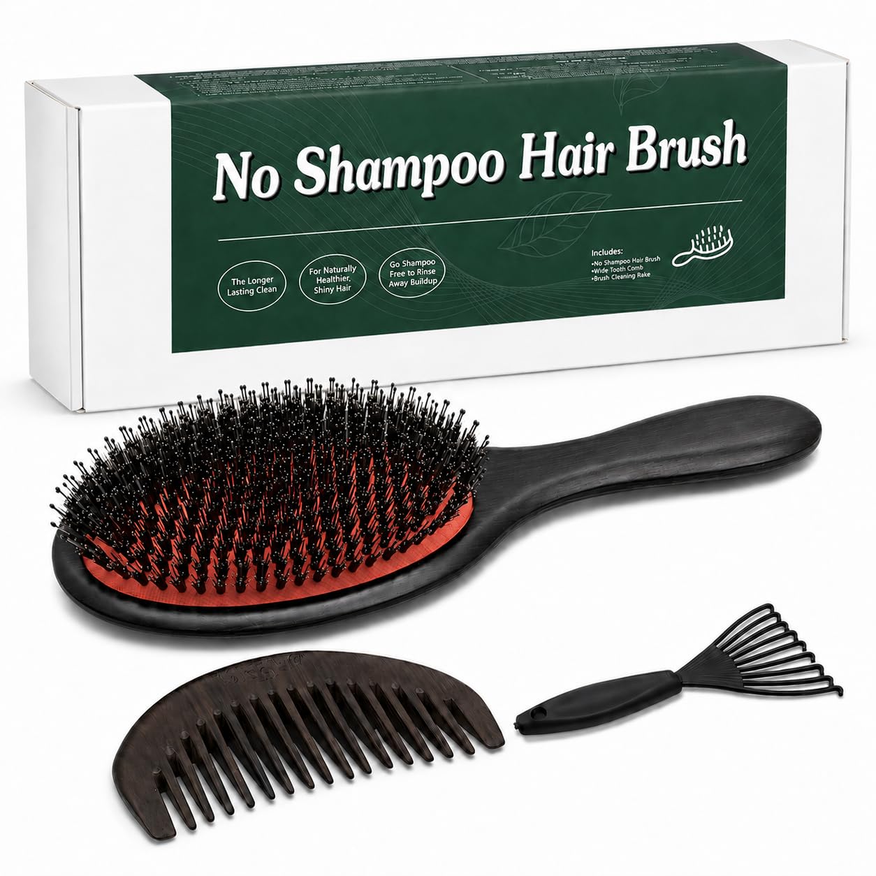 No Shampoo Hair Brush with Wide Tooth Comb,Boar Bristle Hair Brush Set,Detangler Brush,Dry and Wet Detangling Gently Enhances Shine