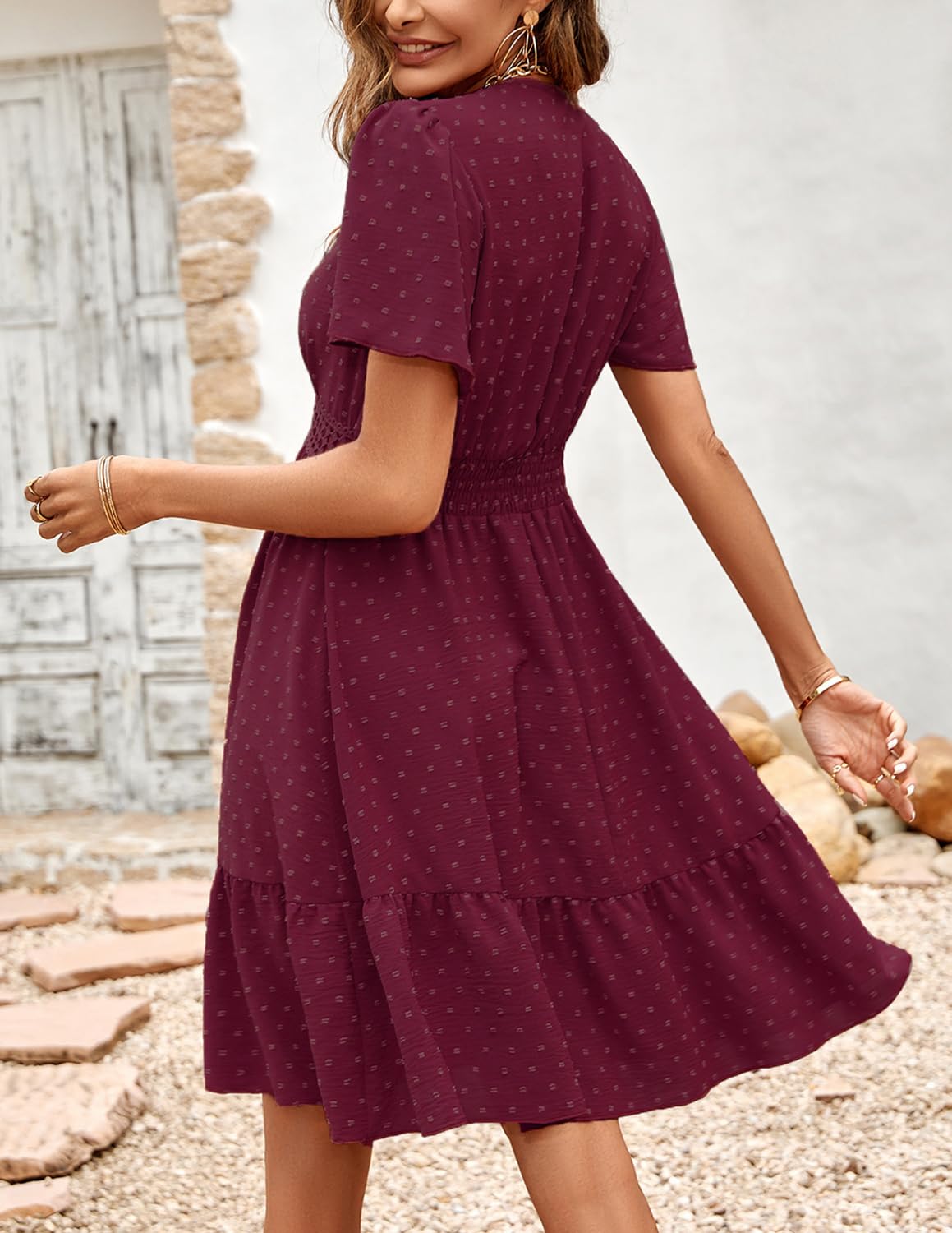 Donna Vestiti Scollo a V Elegante Manica Corta/Lunga Vita Alta Puntini Ruffles Mini Abiti