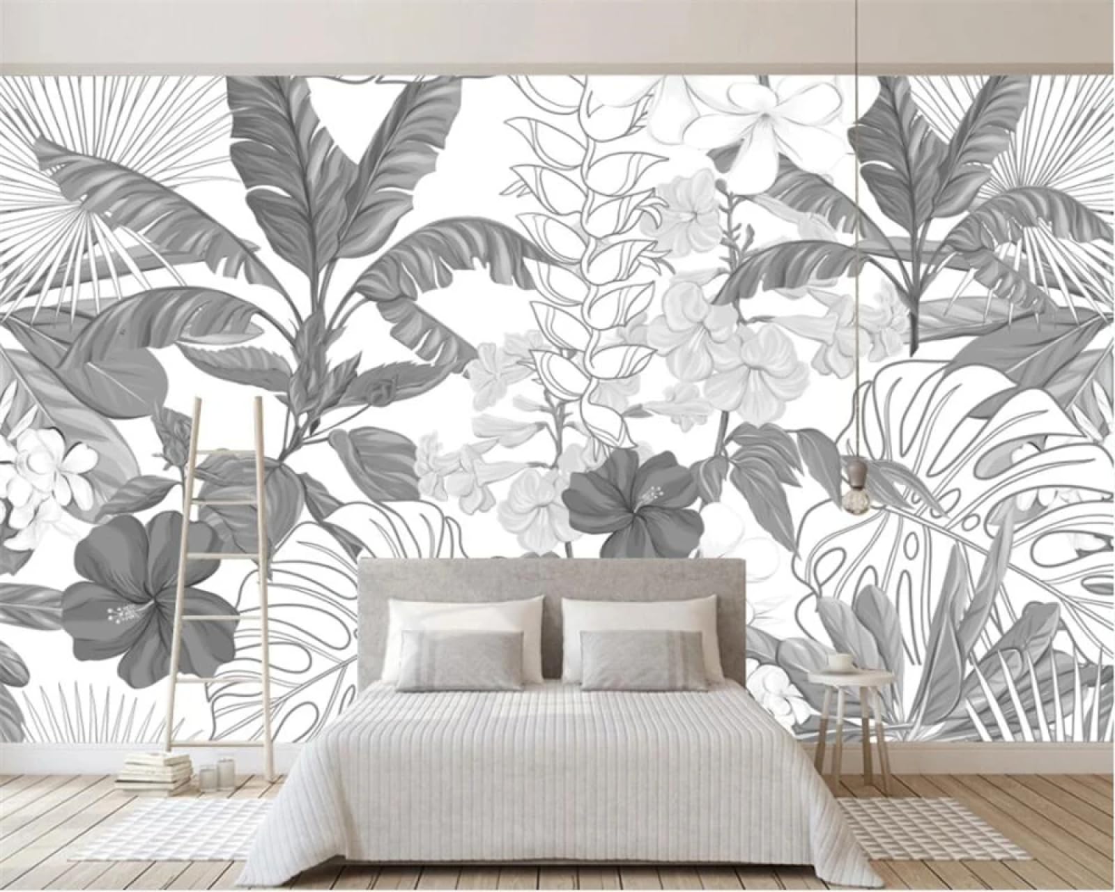 KoKoty Hd Print Silk Mural Wallpaper Tropical Rainforest Black and White Plant leaves-400 x 300 cm-Wall Mural Home Decoration Silk Murals Wall Art Modern Design Art Print