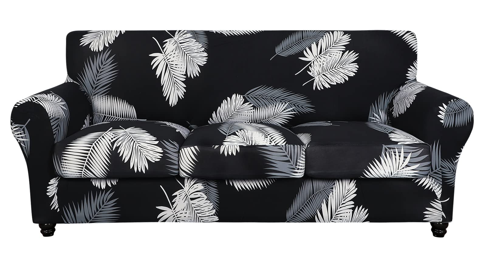 SearchI Stretch Sofa Cover Printed Couch Cover, Floral Pattern 4 Pieces Sofa Slipcover with 3 Separate Cushion Cover, Washable Furniture Protector for Living Room(Sofa, Black+Feather)
