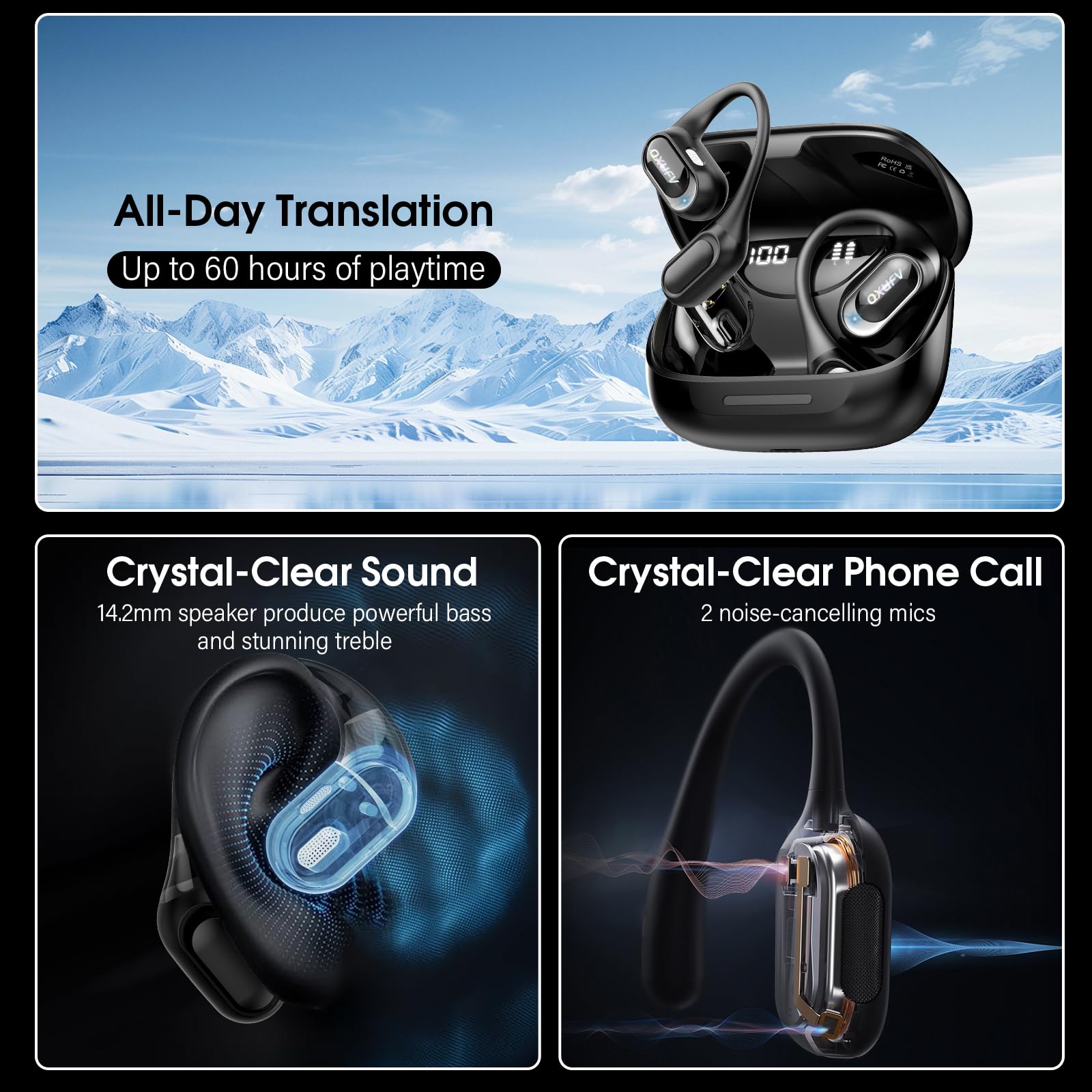 Auriculares traductores, 5 modos, Bluetooth 5.2, traductor de voz en tiempo real para viajes, 50 h de duración de la batería