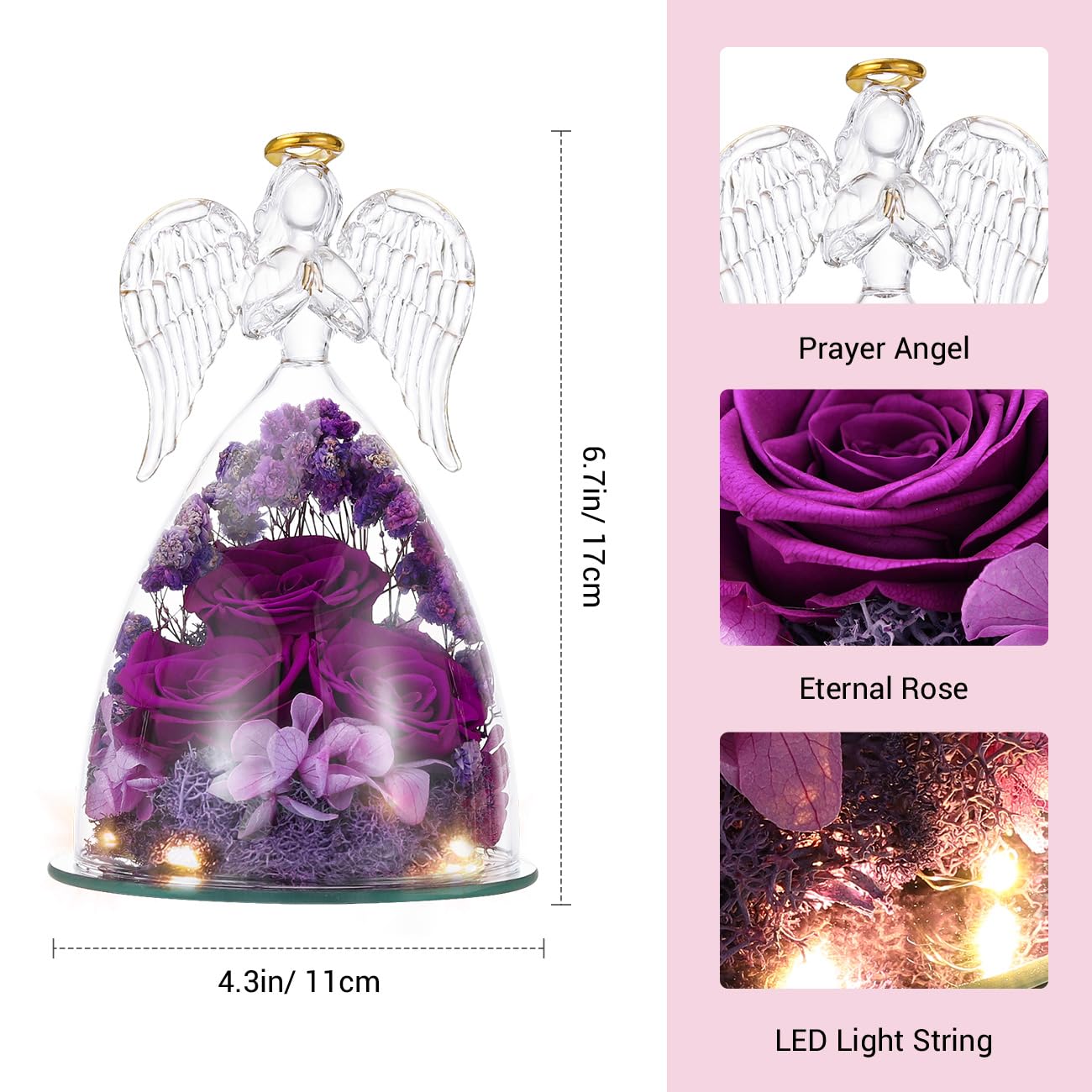 Emibele Preserved Rose Glass Angel Figurines Gifts for Mom Grandma, Purple