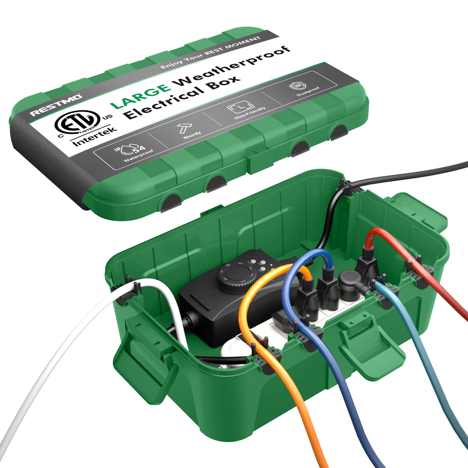 RESTMO Extra Large Waterproof Electrical Box (12.6×8.7×5.1 in), IP54 Weatherproof Outdoor Extension Lead Cover, Protect Outlet, Plug, Socket, Timer, Power Strip, Holiday Light Decoration, Green