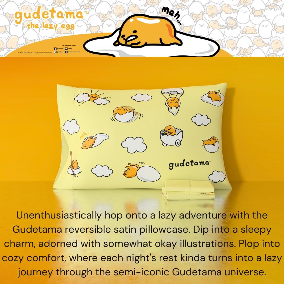 Franco Collectibles Hello Kitty & Friends Gudetama Beauty Silky Satin Standard Reversible Pillowcase Cover 20x30 for Hair and Skin, (Official Licensed Product) - Image 3