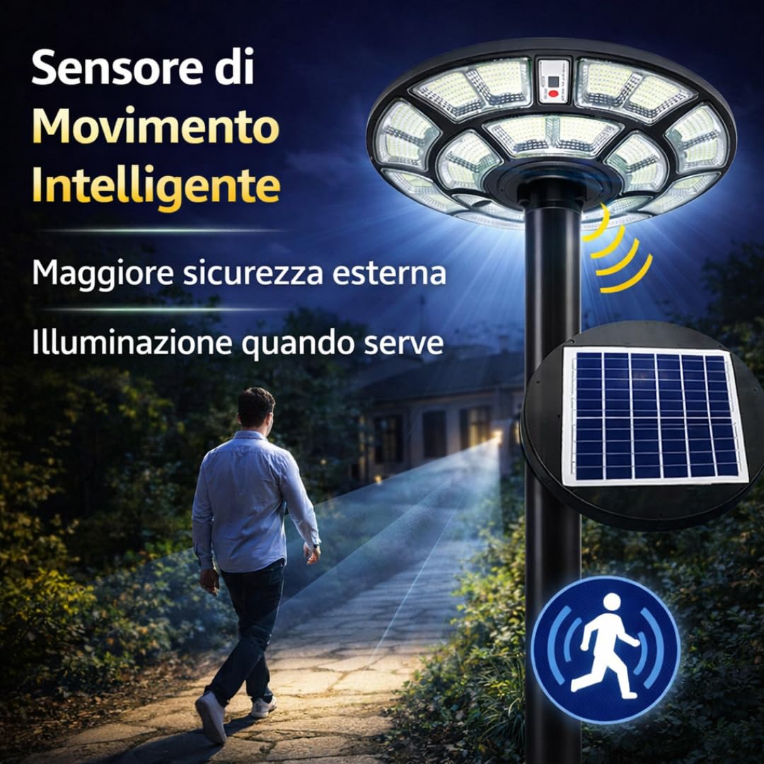 DE ROSA SHOP Lampione Solare Led Esterno, Lampione da Giardino 1200 Watt forma Ufo con Telecomando, Sensore di Movimento e Crepuscolare, Luce Bianco Fredda, Impermeabile IP 67.