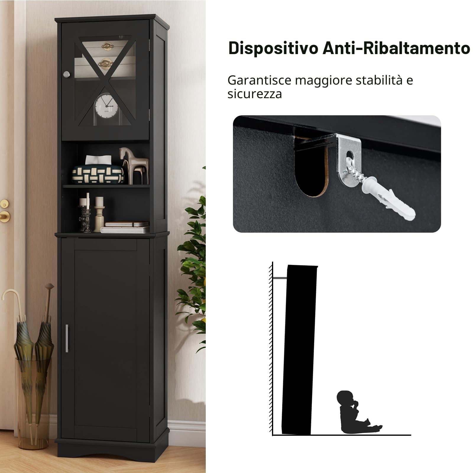 LIFEZEAL Mobile Bagno Salvaspazio, Colonna Bagno Alto e Stretto, 40x30x170,5cm, Credenza Cucina, Armadio Dispensa, Mobiletto, con Ripiani Regolabili, Scomparti, 2 Ante, in Legno, Max 80kg (nero)