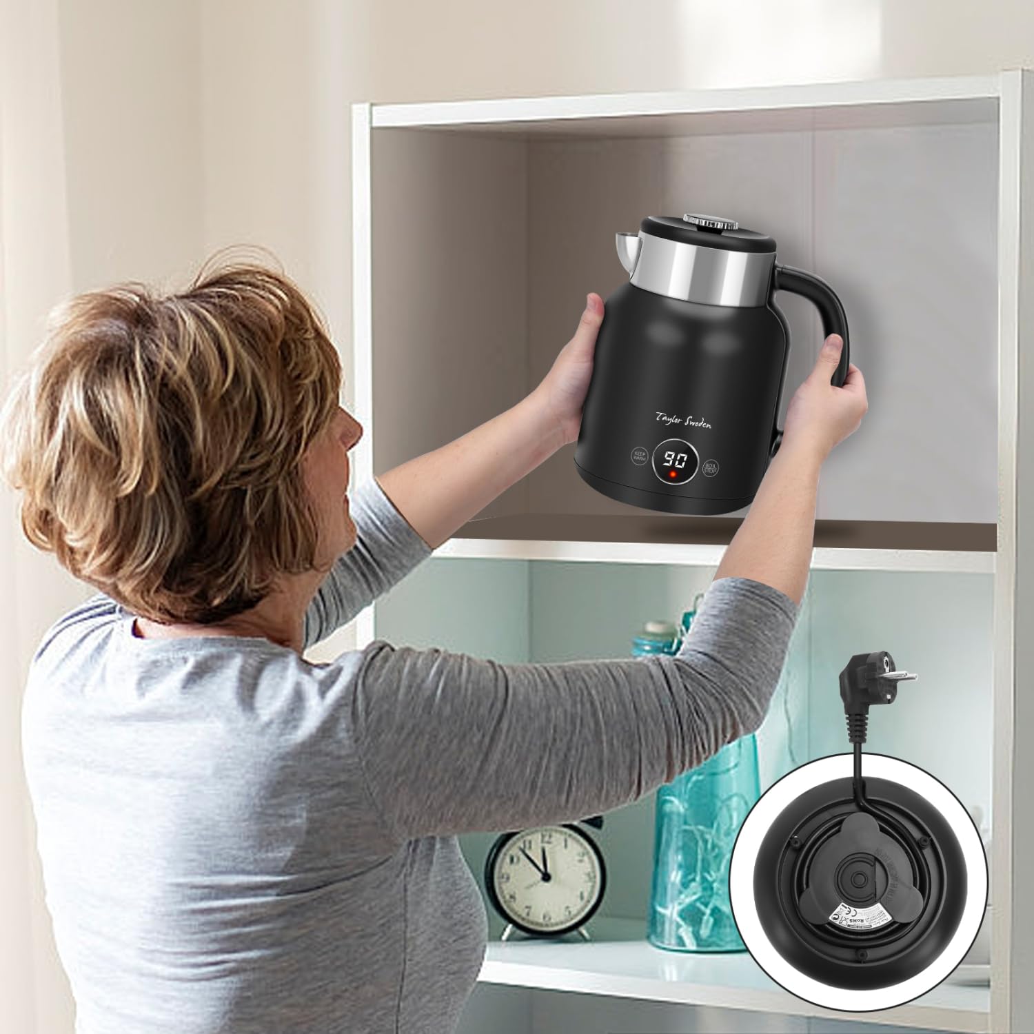 Taylor Swoden Hervidor de Agua Eléctrico, 1.7L doble pared de acero inoxidable, 2200W, Ajuste de Temperatura, pantalla LED, Función de aislamiento, Negro