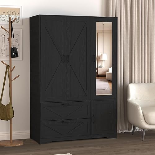 Armoire Wardrobe Closet with Mirror Door and LED Lights,3 Doors Farmhouse Bedroom Armoire with Drawers and Adjustable Shelves,Wooden Armoire Wardrobe Closet with Hanging Rod for Bedroom(Black)