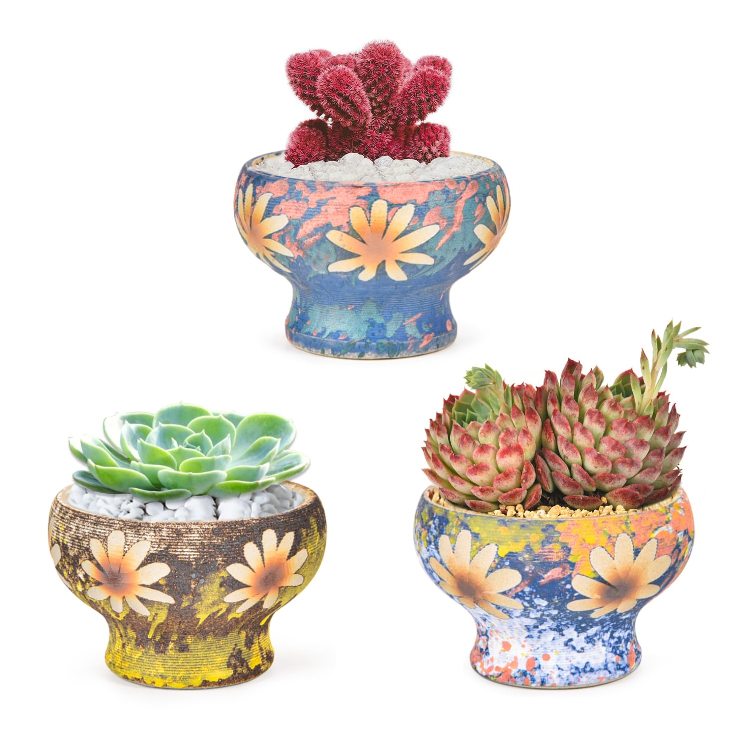 Sungmor Small Succulent Planters Set of 3, Beautiful Hand Crafted Ceramic Plant Pots Cute Cactus Pot, 4.9 Inch Flower Pots for Indoor Plants with