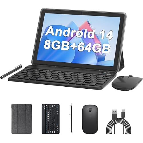 10 inch Tablet Android 14 Tablets 2 in 1 With Keyboard Case Mouse Stylus Android Tableta 8GB+64GB Support 1TB Expansion, 10.1" IPS HD Screen 2MP+8MP Dual Camera WiFi-6 Bluetooth 6000mAh Battery Tab.