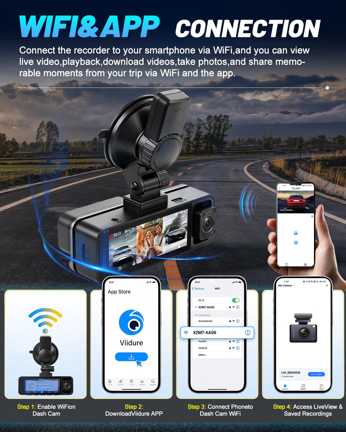 NHOPEEW Dash Cam Wi-Fi a 3 canali 4K+2,5K con Telecamere a 360°