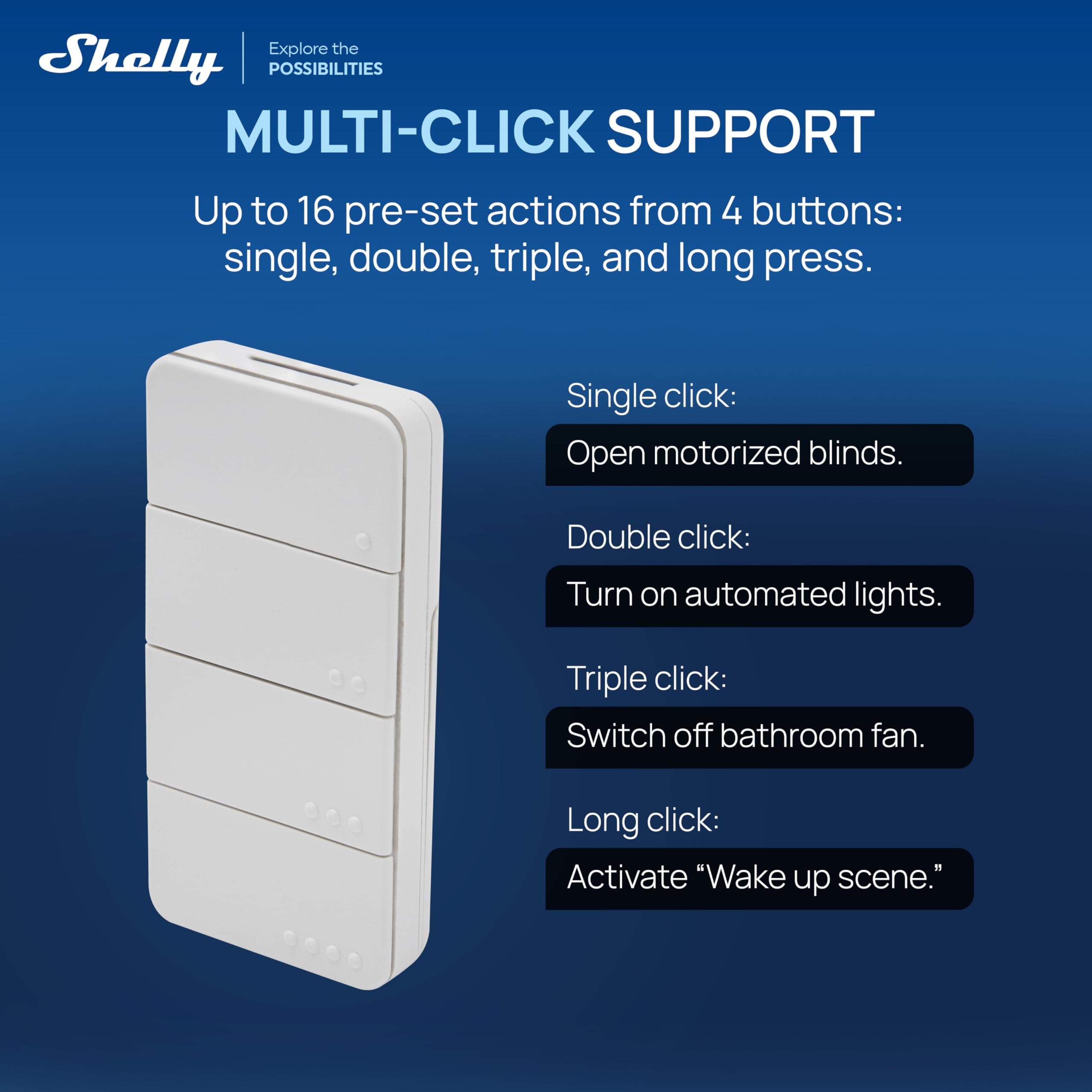 Shelly BLU RC Button 4 – Botón de control Bluetooth y Zigbee para domótica, Control de dispositivos y escenas inteligentes, Multiclíc, Batería de hasta 2 años, Compatible con Home Assistant