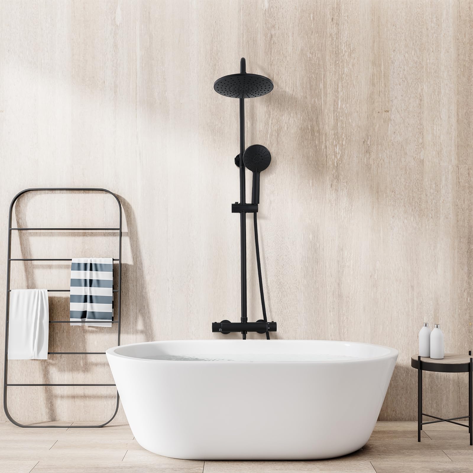 STANEW - Columna de Ducha Termostática, Conjunto de Ducha, Cuarto de Baño, Columna de Ducha, Termostato con Mezclador Ajustable en Altura, Sistema de Ducha (Negro(Redonde))