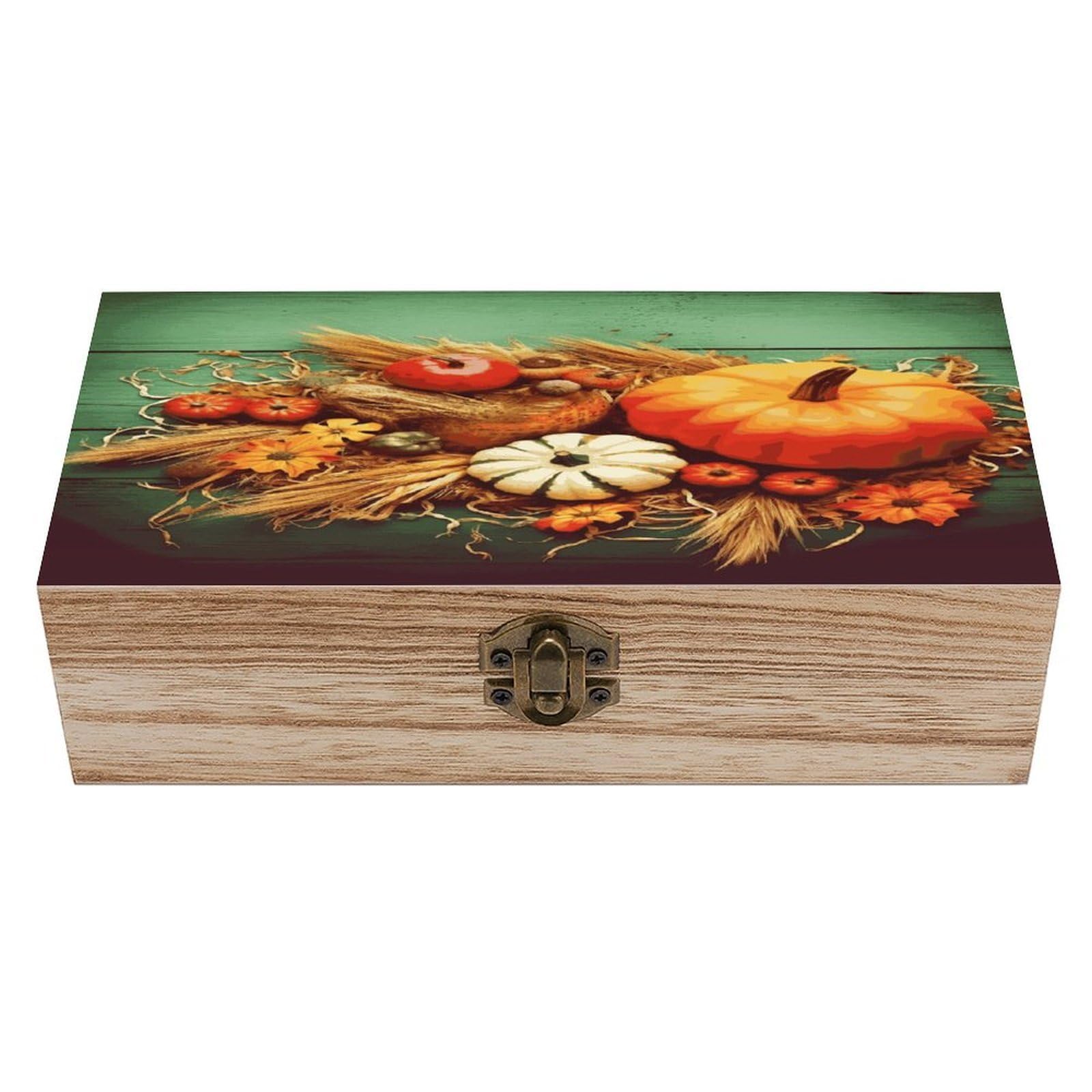 Btcowzrv Style Happy Thanksgiving Wooden Storage Box, Keepsake Box With Hinged And Retro Lock, Wood Jewelry Organizer For Photos & Mementos And Home Decor