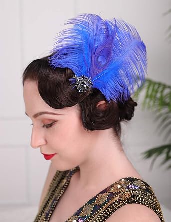 Aimimier 1920s Headpiece Flapper Royal Blue Feather Hair Clip Crystal Roaring 20s Prom Party Festival Hair Accessories for Women