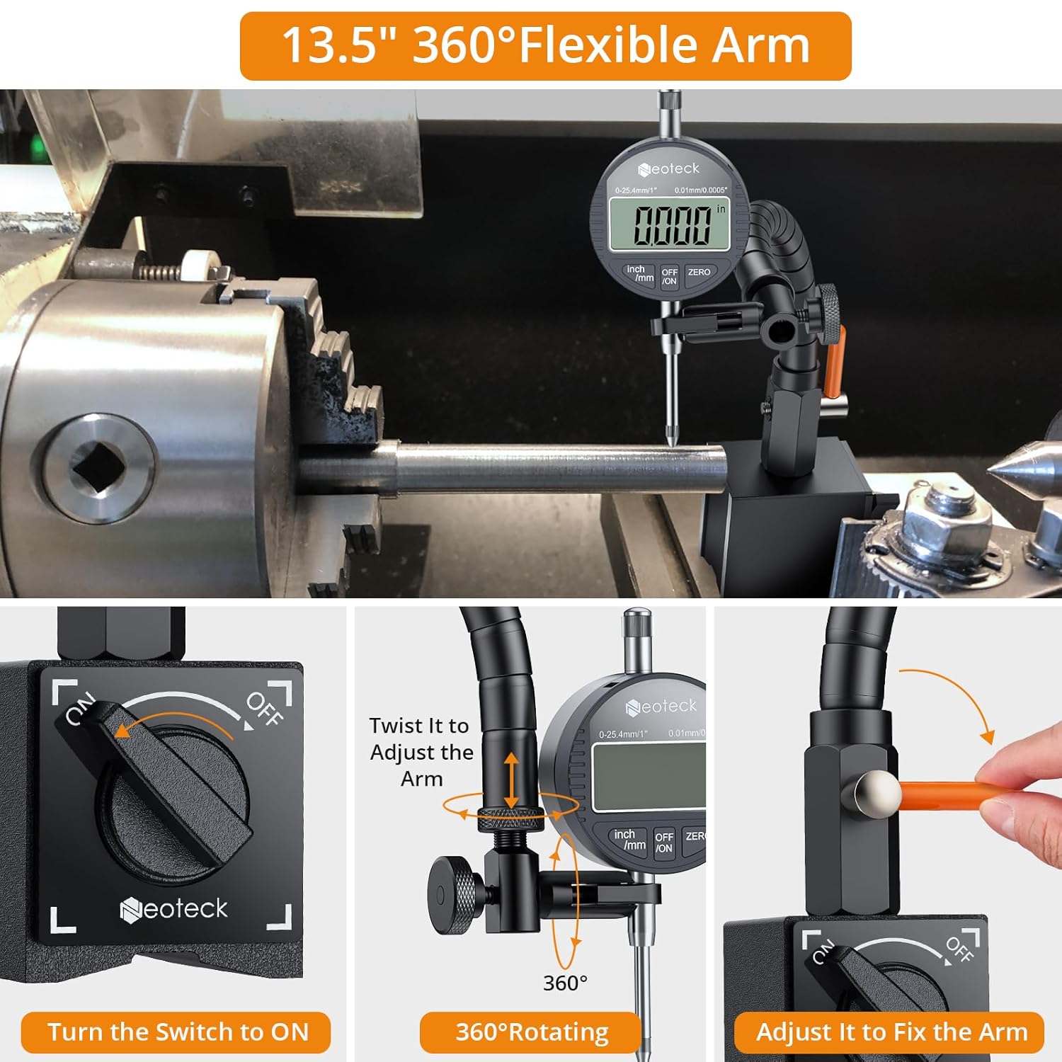 Neoteck 0-1"/ 0.0005" Digital Indicator with 13.5" Flexible Arm 176lbs Max Pull Magnetic Base Digital Dial Indicator Set Widely Used in 3D Printer and Automotive Maintenance