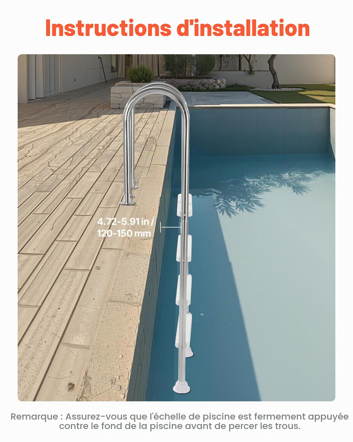 VEVOR Échelle de Piscine en Acier Inoxydable avec 2 Rampes, 4 Marches Antidérapantes, Capacité de Charge 120 kg, pour Piscines Creusées de 137 cm, de Terrasse, Jardin, Maison, Intérieur, Extérieur