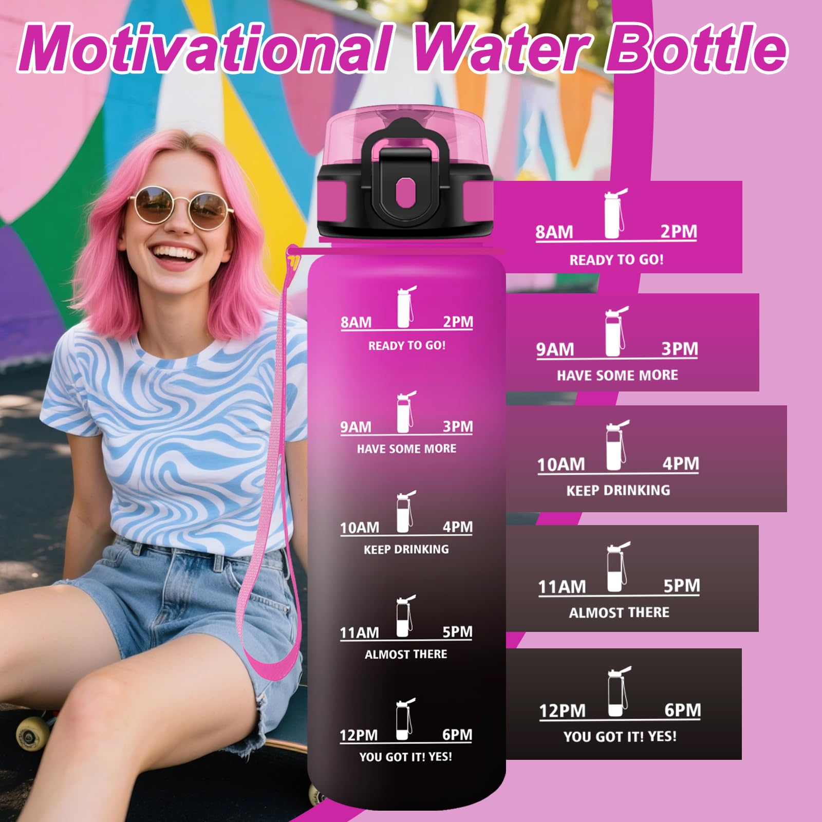 JAPORIA Bouteille d'eau 1L, Bouteille Reutilisable, Gourde avec Filtre, Gourdes avec Marqueur de Temps, Gourde Motivation pour Yoga, École, Bureau - 5