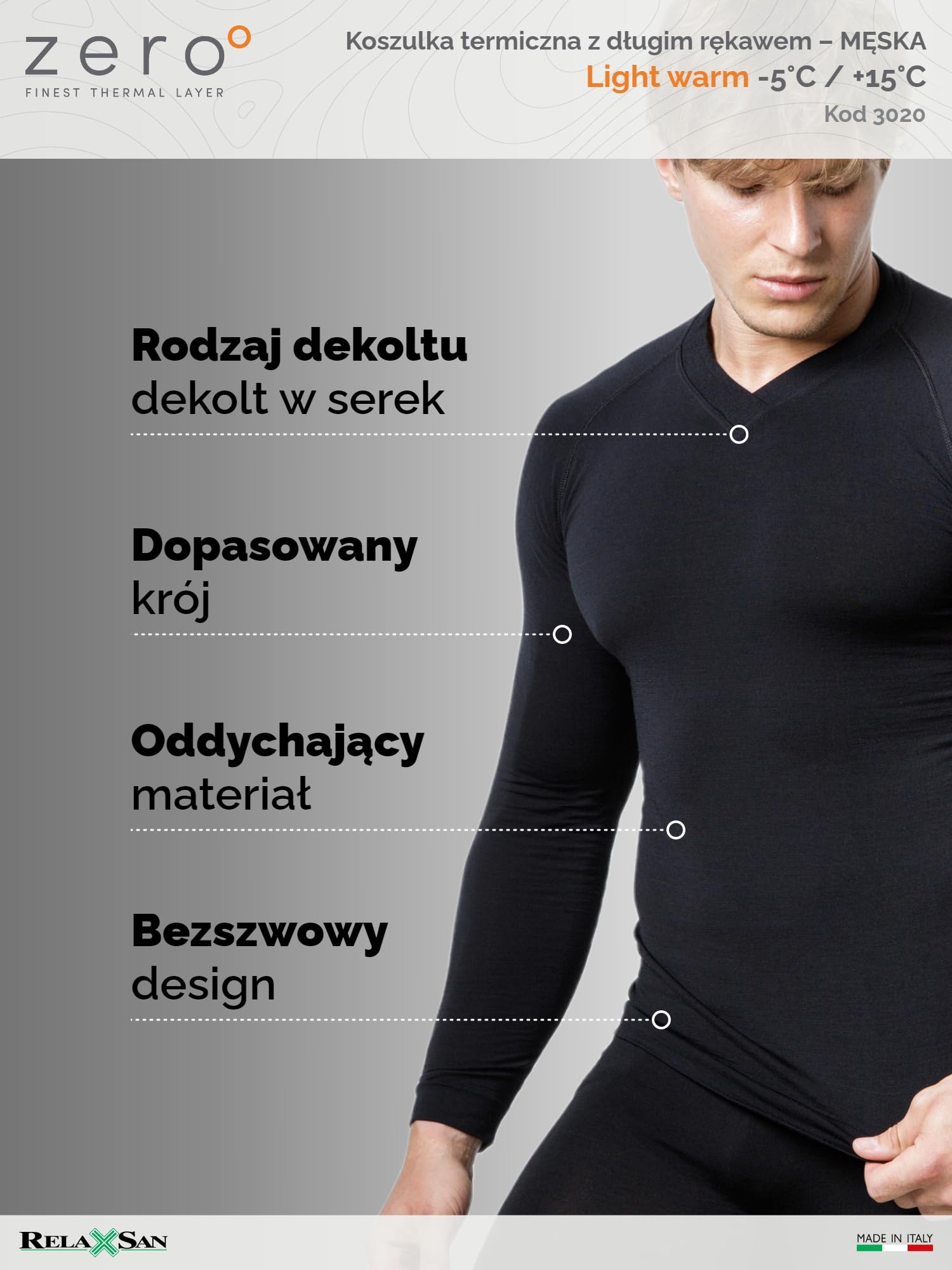 Relaxsan Zero 3020 – Męska koszulka termoaktywna długi rękaw ultralekka bielizna oddychająca z włókien Dryarn i wełny merynosowej