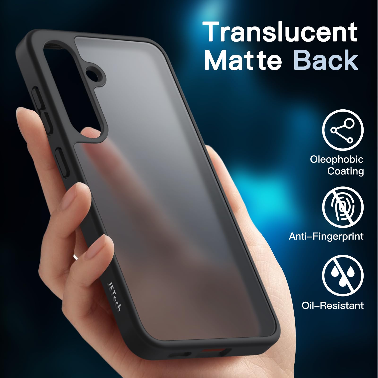JETech 5 in 1 Cover Opaca per Samsung Galaxy S24 5G con 2 Pellicola Protettiva e 2 Protezione Lente Fotocamera, Posteriore Traslucida Custodia, Vetro Temperato Film (Nero)