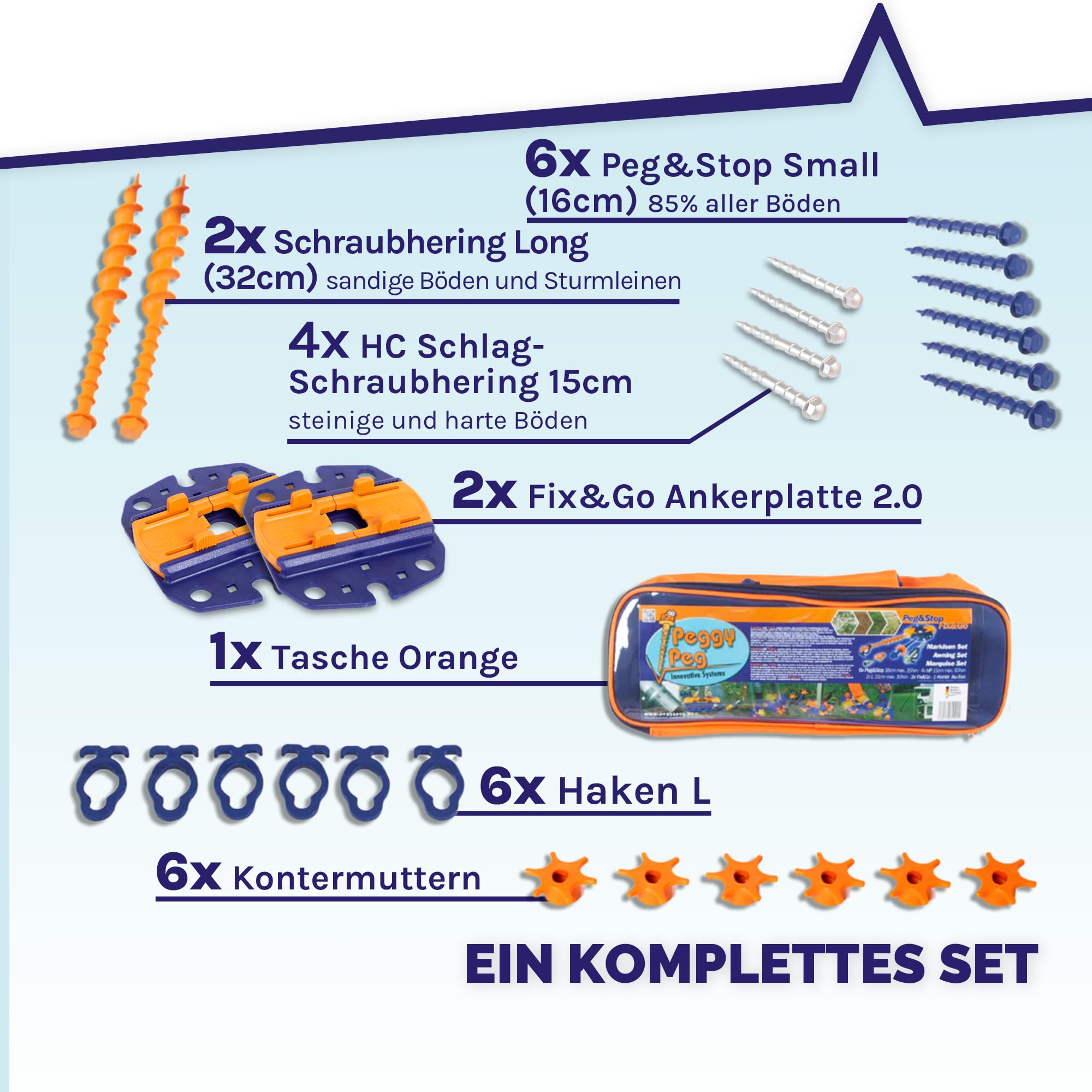 Peggy Peg – Markisenbefestigung Set mit Fix&Go Anker-Platten 2.0 & diversen Schraubheringen – Bodenhalterung zur Fixierung von Markisenfüßen & Zeltgestänge beim Camping – für weiche bis Harte Böden
