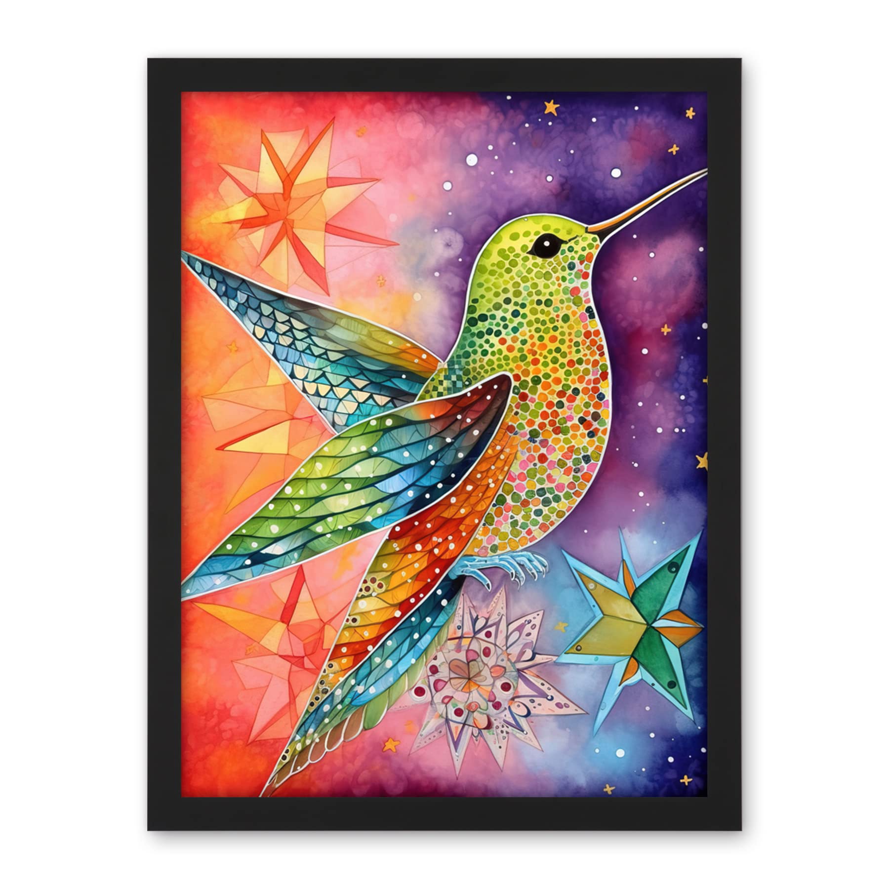 Artery8 Hummingbird In Vibrant Astral Field Folk Art Watercolour Painting Artwork Framed Wall Art Print 18X24 Inch