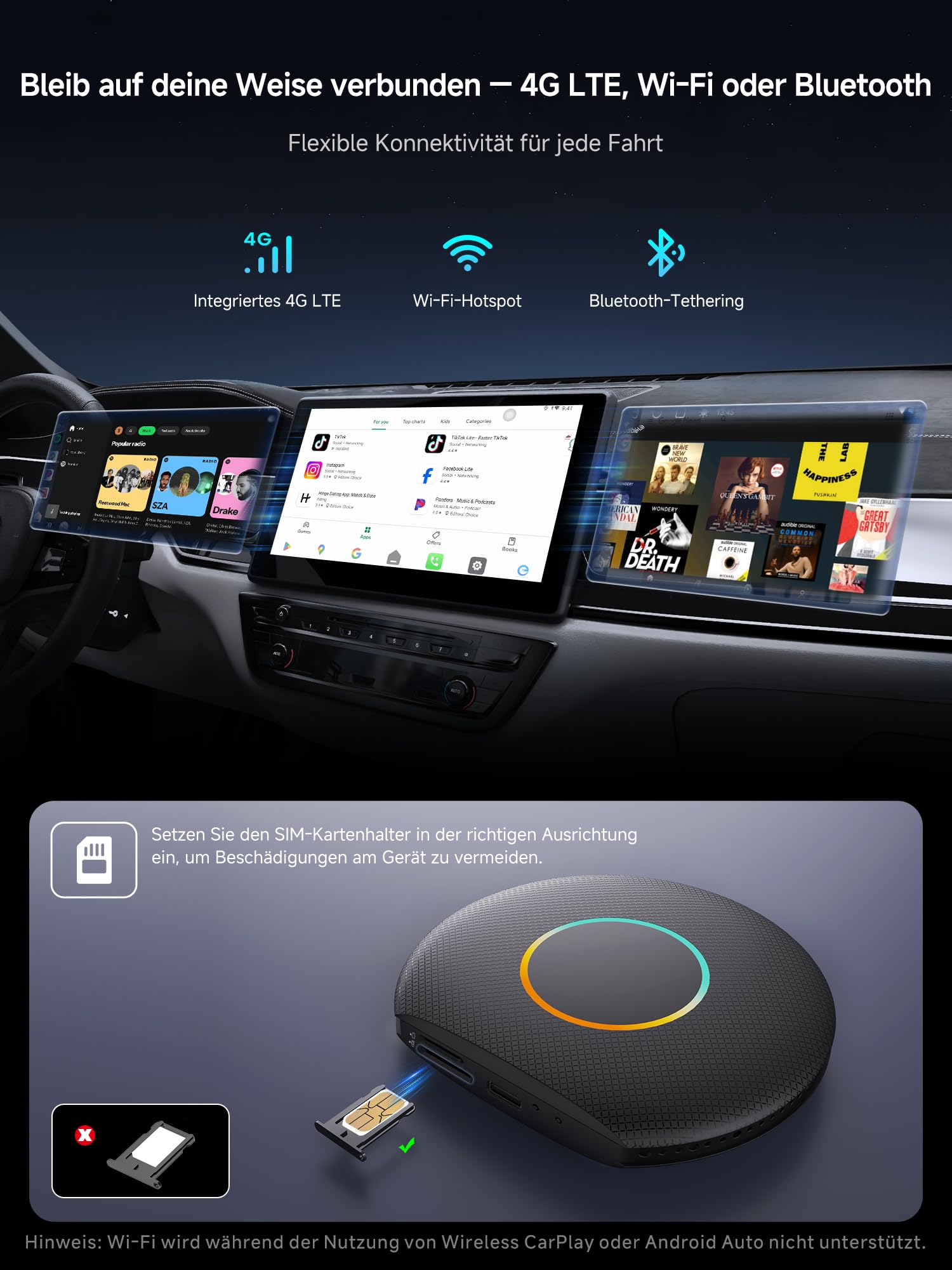 Adattatore CarPlay Wireless 4+64GB AI Box Android Auto con Navigazione GPS | 4G LTE, Drivechat Ai voce, display diviso, navigazione GPS, doppio WiFi e Bluetooth, blocco Bluetooth, TrackHU