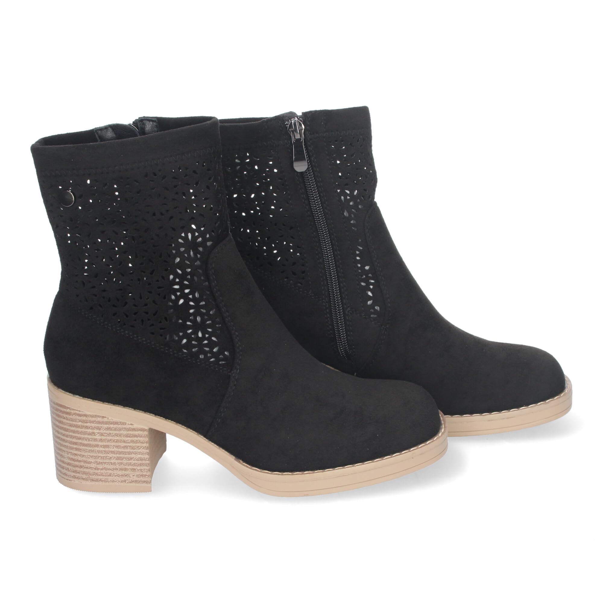 shoes&blues.es Botines de Mujer Primavera Verano Elegantes y Comodos con Tacon Ancho, Diseno Perforado con Cremallera Lateral, Ideal para Cualquier Ocasion
