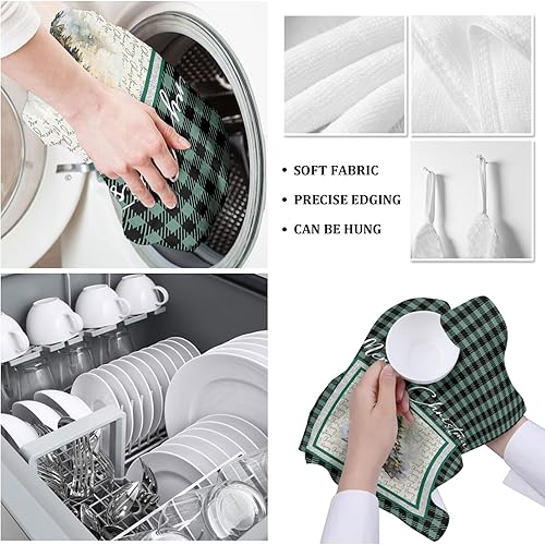 Miniatura 5 de Image Duvet 2 Pack Cotton Kitchen Dish Cloths Towels, Merry Christmas Snowflake Cute Snowman Buffalo Plaid Green 18 x28 Inch Soft Absorbent Kitchen