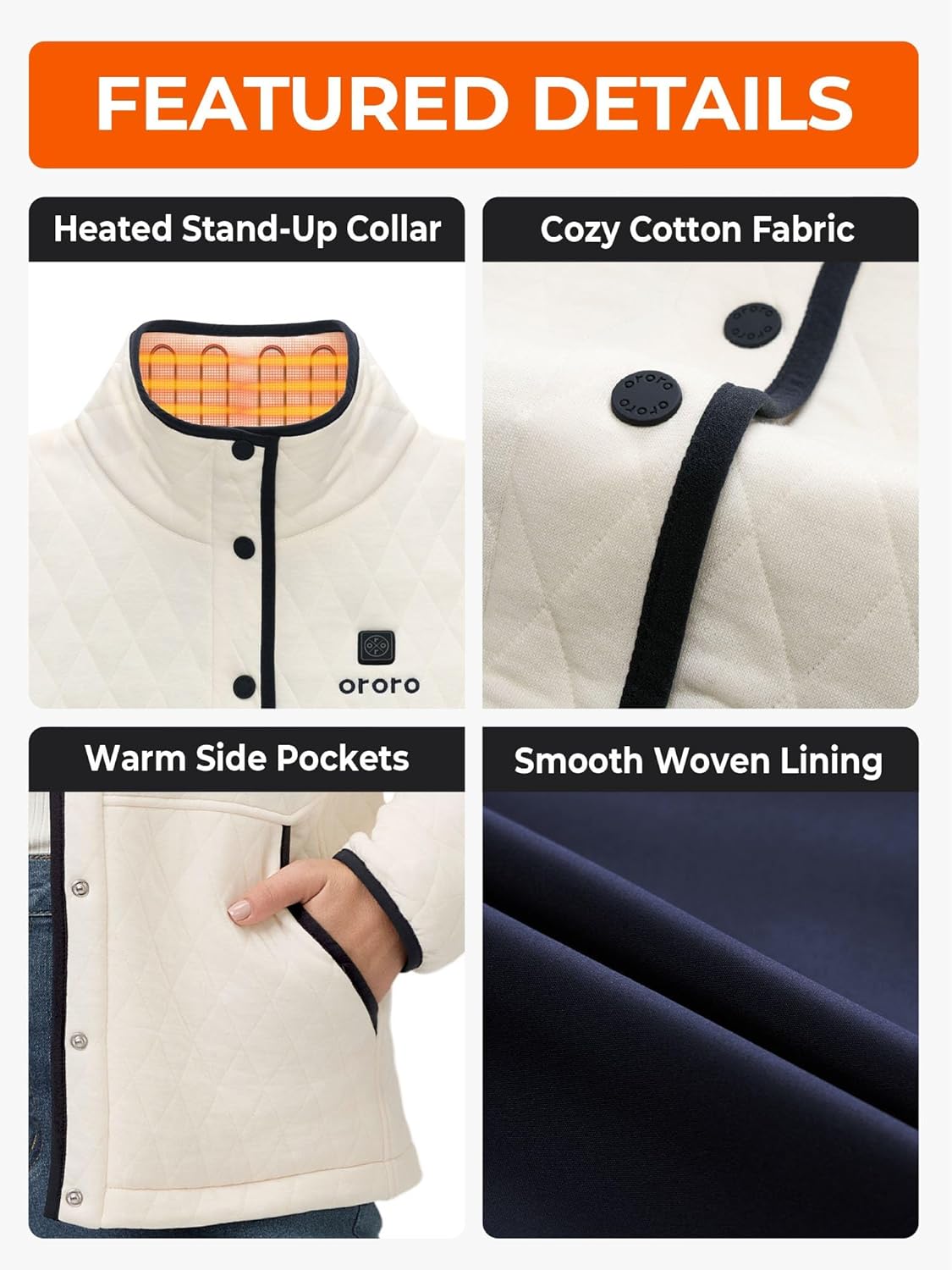 ORORO Women's Heated Quilted Jacket with USB-C Rechargeable Battery, Casual Cotton Heated Jacket - Image 5