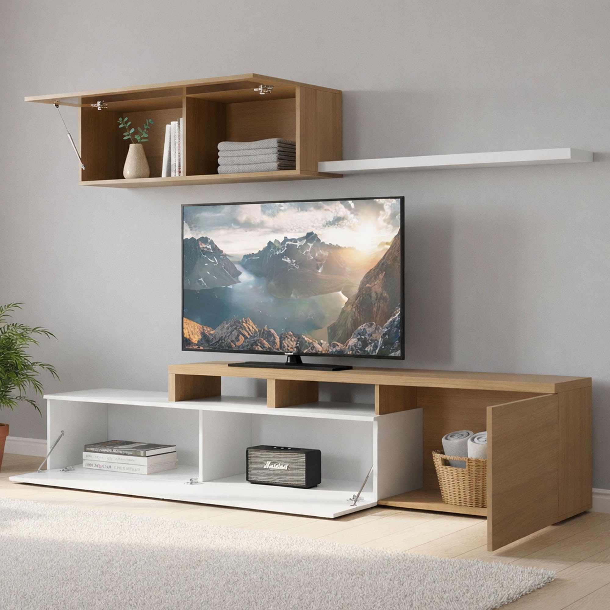 DECO Meuble TV contemporain décor chêne canadien et laqué blanc - L 260
