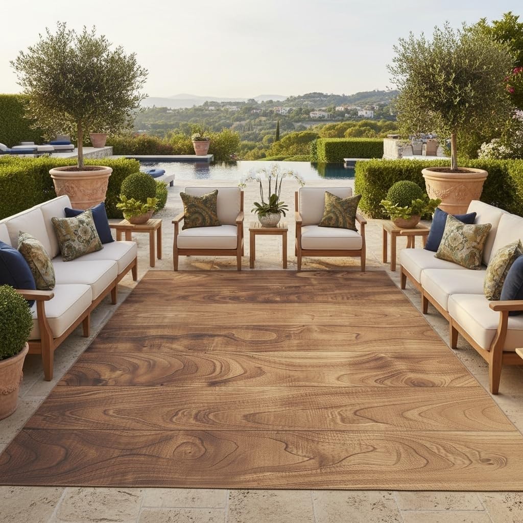 Washable Natural Wood Grain Outdoor Rug 3x8 Brown Rustic Wooden Board Outdoor Area Rug for Balcony Backyard Patio Porch Durable Easy Clean Outside Carpet Waterproof Non Slip Farmhouse Floor Rugs