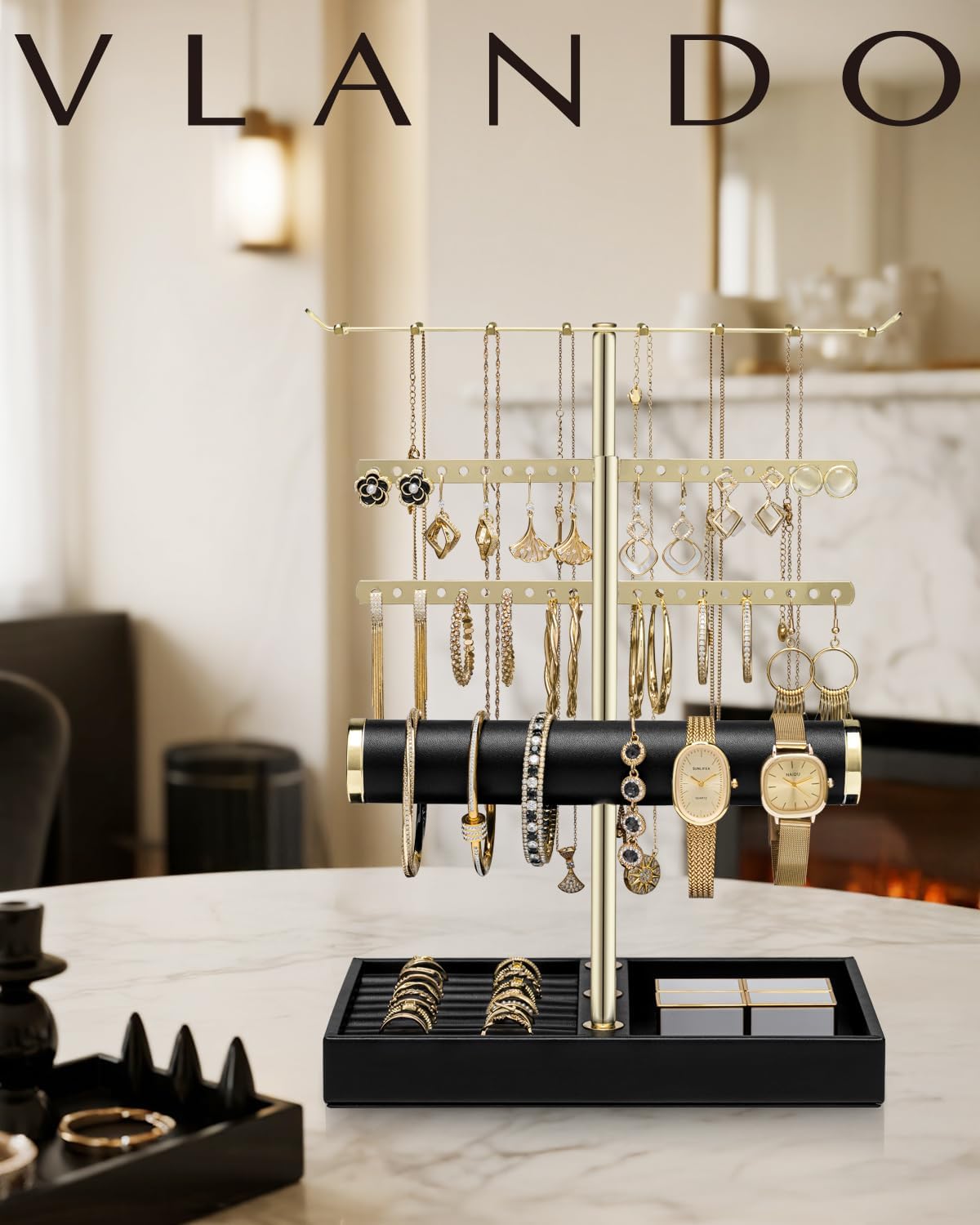 Vlando 3 Tier Jewelry Stand Organizer with Tary, Leather Jewelry Holder Display for Women, Gold Jewlery Holder Display for Necklace, Earring, Bracelet, Rings - Black - Image 7
