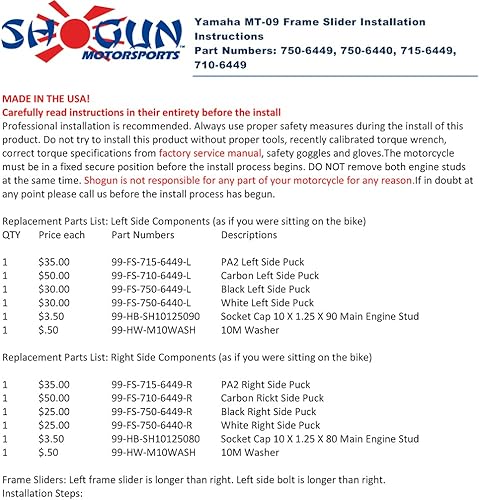 Miniatura 8 de Shogun USA Made Yam MT-09 MT09 MT 09 SP 2021 2022 2023 2024 2025 - Deslizadores de marco negro sin corte 750-6449