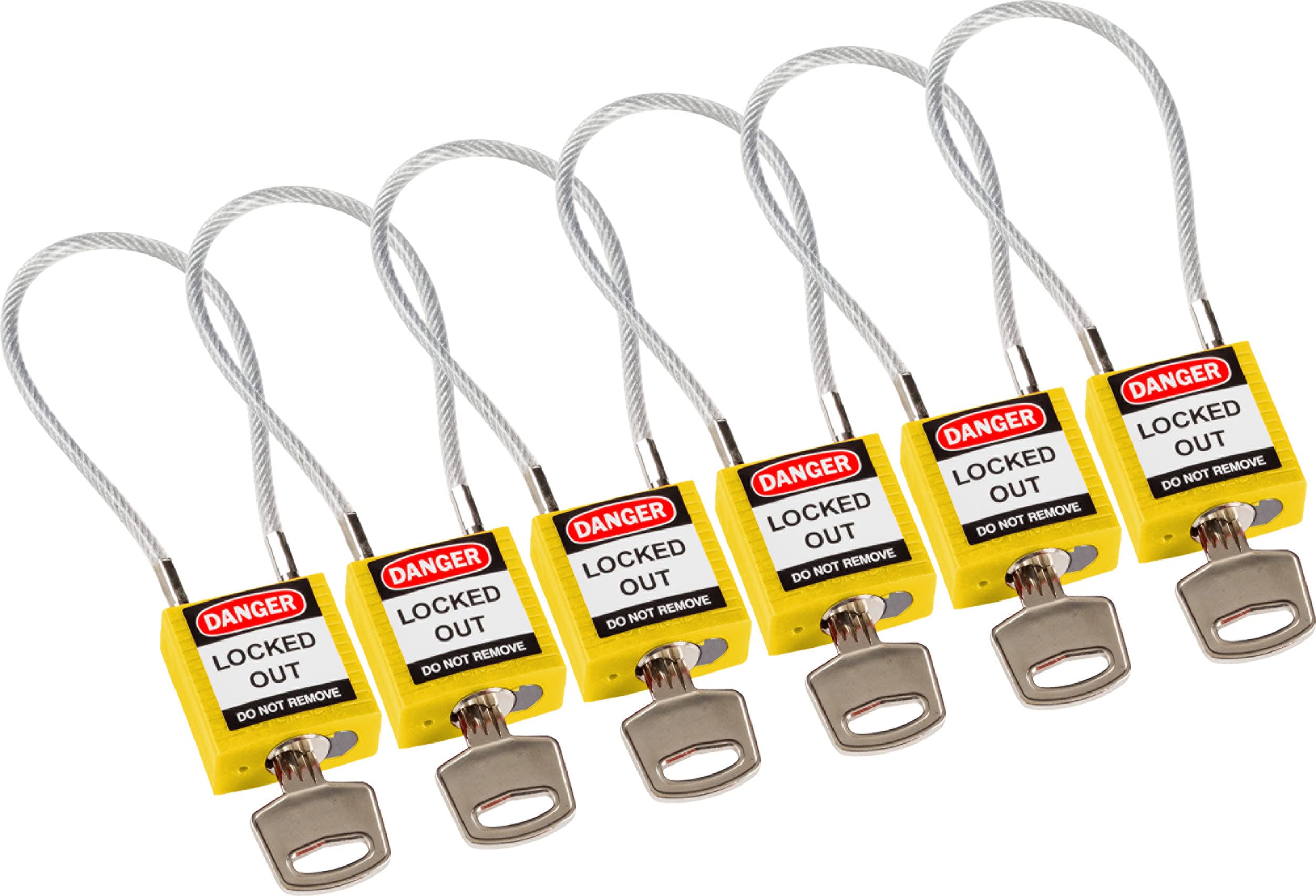 Brady Compact Cable Padlock 6-Pack - Lockout Tagout Security Lock - Safety Padlock with Nylon Body and Sheathed Steel Cable - Keyed Differently - 32mm x 35mm x 16mm - Cable Length 200mm, Yellow