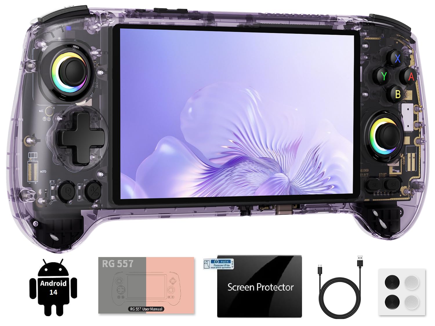 RG557 Handheld Game Console , Android 14 System 5.48 Inch AMOLED Screen 5500mAh RG 557 Retro Game Console 8+128G Version NO Game Preloaded Transparent Purple