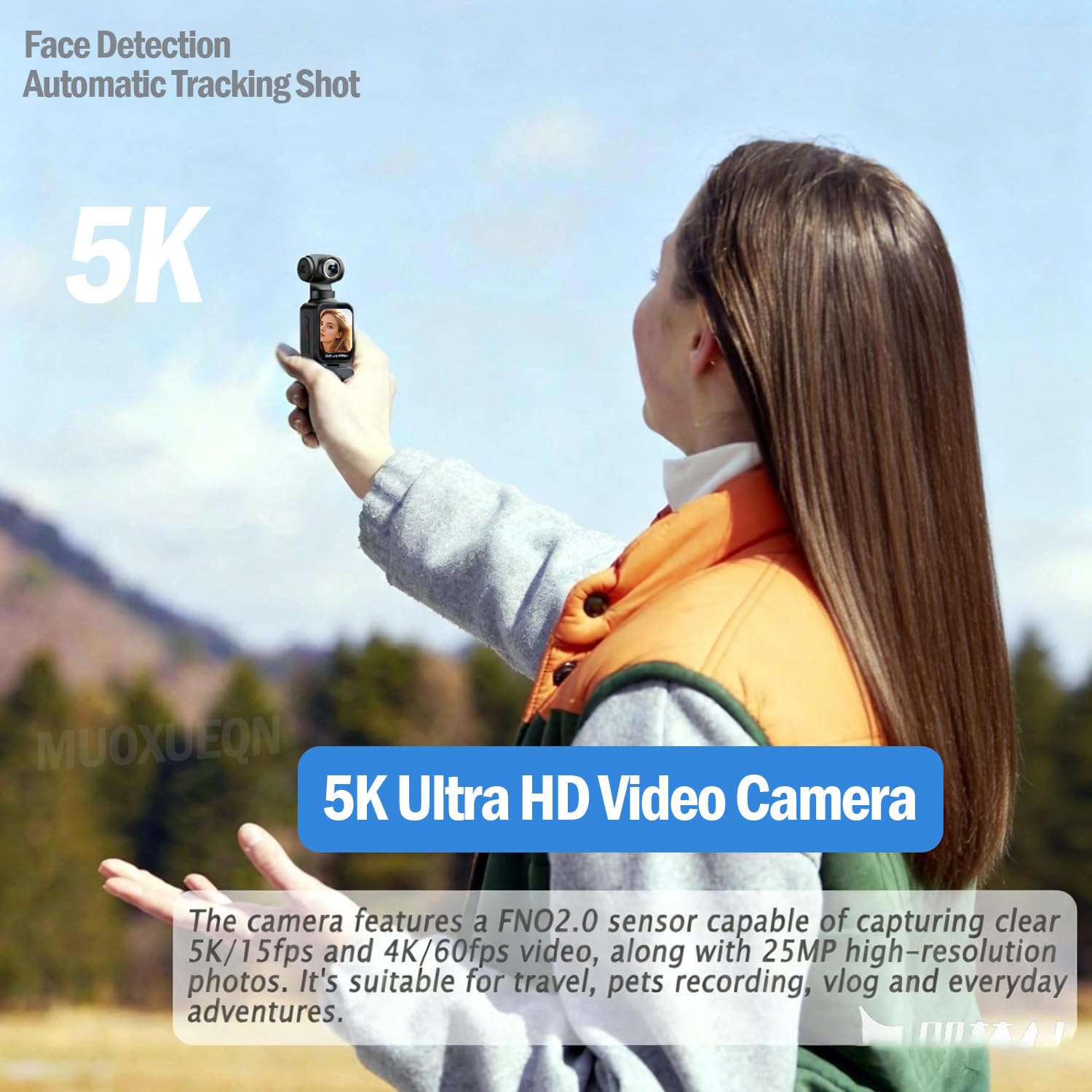 5K Handheld Action Camera, Portable Pocket Vlogging Camera with Image Stabilization, 270° Rotatable Wide-Angle Lens, Rotating Touchscreen, WiFi, Remote & App Control for Travel Sports (128G) — view 7