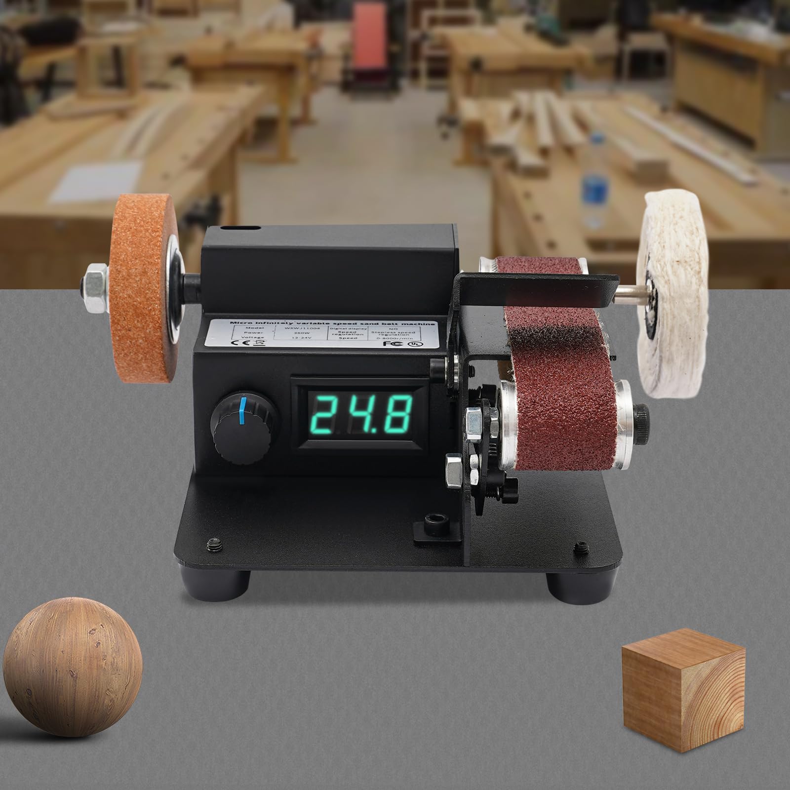Lijadora de banda para metal, madera, plástico, pulidora con motor de 350 W, 7 velocidades, ajustable sin niveles, incluye 10 bandas de lijado