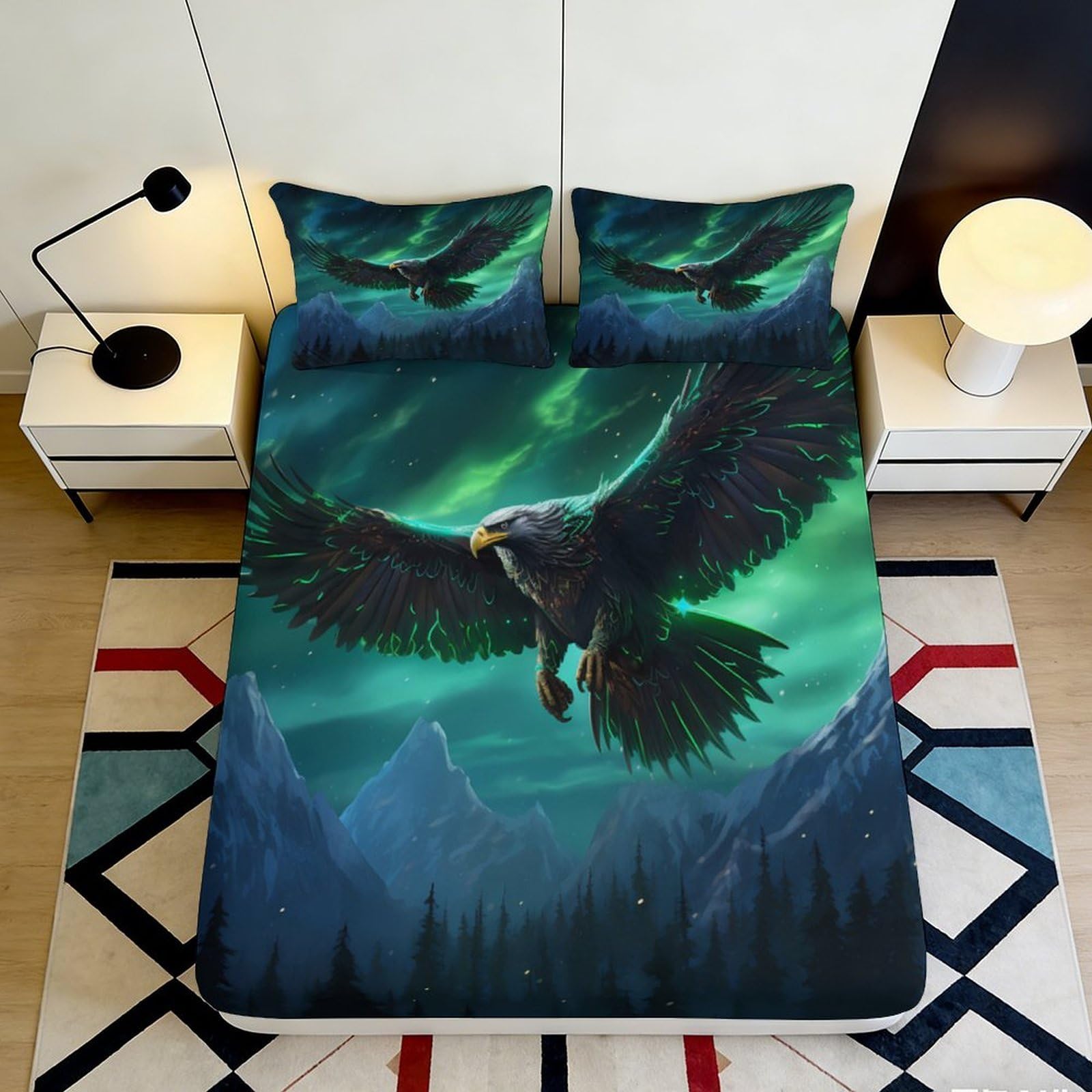 3D Printed Aurora Eagle Fitted Sheet Microfiber Deep Pocket for Bedroom Aurora Eagle Mattress Fitted Cover Non-Slip Elastic Hem Washable 140x200x25cm