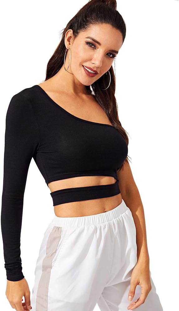 SweatyRocks Women's Cutout Waist One Shoulder Crop Top – Long Sleeve, Rayon Spandex, Slim Fit T-Shirt For Casual, Party, Vacation