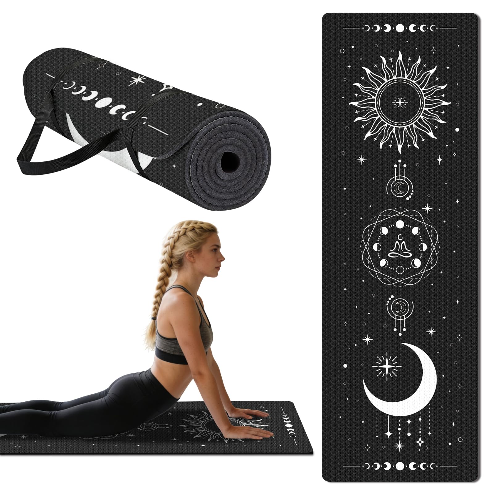 TWINKLEMON 6mm Moon & Sun Printed Yoga Mat With Strap and Bag, Non-Slip Workout Mat for Women Men, Thick Comfortable Pilates Fitness Mat for Home Work Out Gym Travel Meditation, 173cm x 61cm