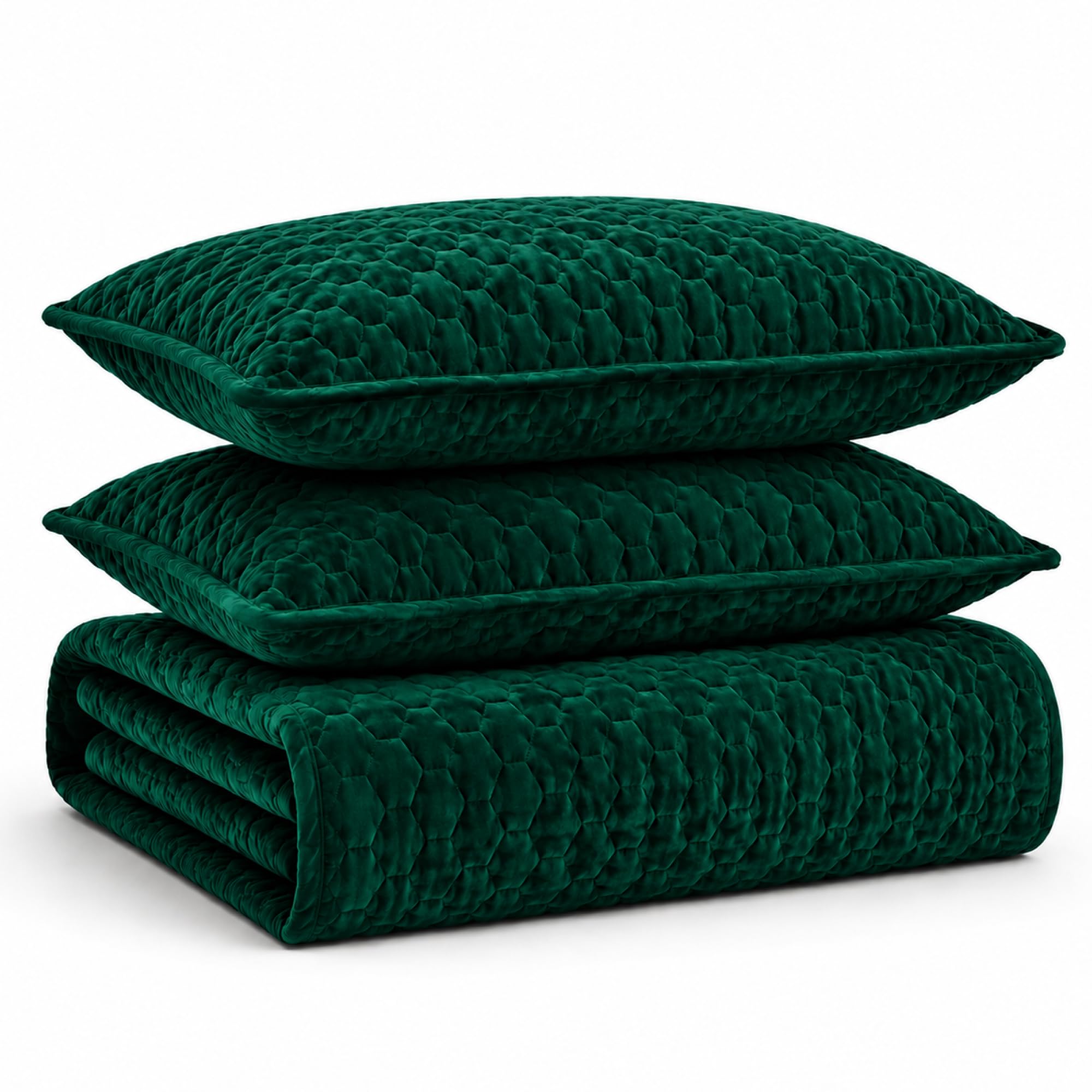 Tribeca Living Velvet Queen Quilt, Three-Piece Honeycomb Stitch Bedding Set Includes One Oversized Quilt & Two Sham Pillowcases, 260GSM Super Soft Velvet, Lugano/Emerald Green