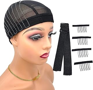 Wig Cap with Guideline Map for Wig Making, Stretchable Mesh Dome Caps with 1 Elastic Band and 4 Wig Combs for Beginners Sewing Wig (Medium