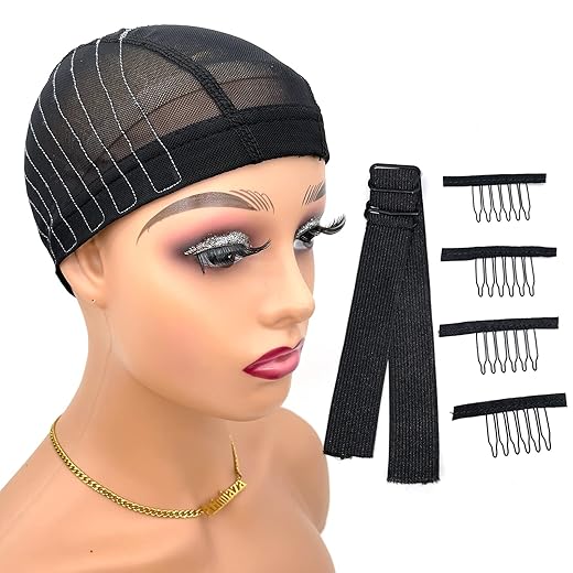 Atimiaza Wig Cap with Guideline Map for Wig Making, Stretchable Mesh Dome Caps with 1 Elastic Band and 4 Wig Combs for Beginners Sewing Wig (Medium: 21"-22", 4 * 4 Closure)